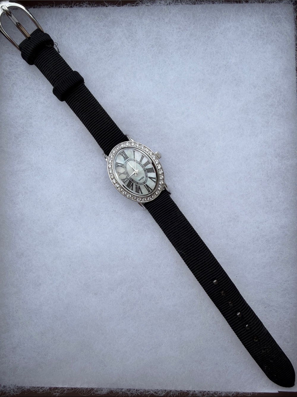 Silver Crystal Accent Watch Bracelet with Black Strap